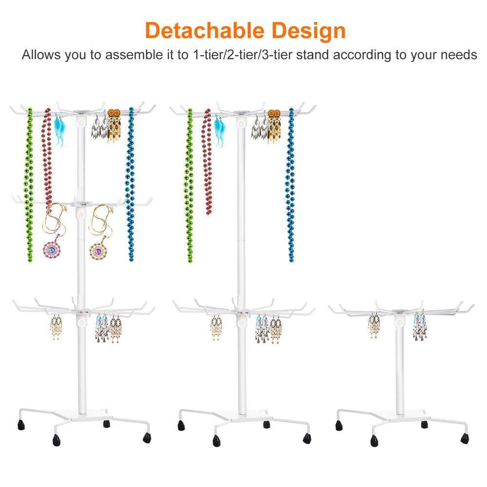 3-Tier White Metal Jewelry Rack 30-Hook Necklaces Bracelets Display Stand Organizer Spinning Tower Holder GM-H-391