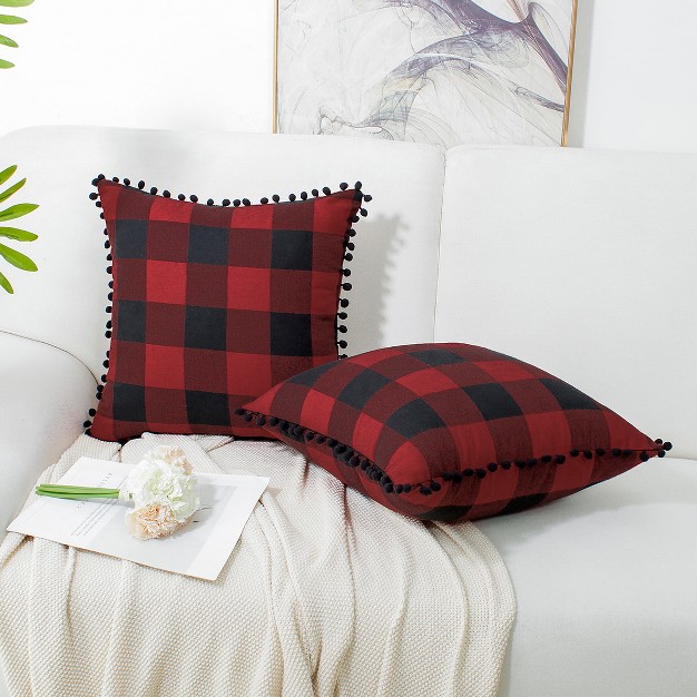 Piccocasa Classic Plaid With Pom poms Retro Throw Pillow Covers 2 Pcs