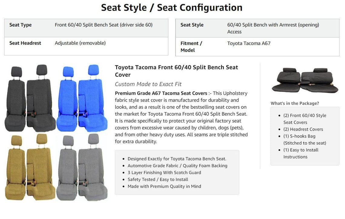 SeatCovers 3 Layer Neoprene Front 60/40 Split Bench 1995 - 2000 Toyota Tacoma Adjustable Headrest Armrest Belt Cut Out (Black)