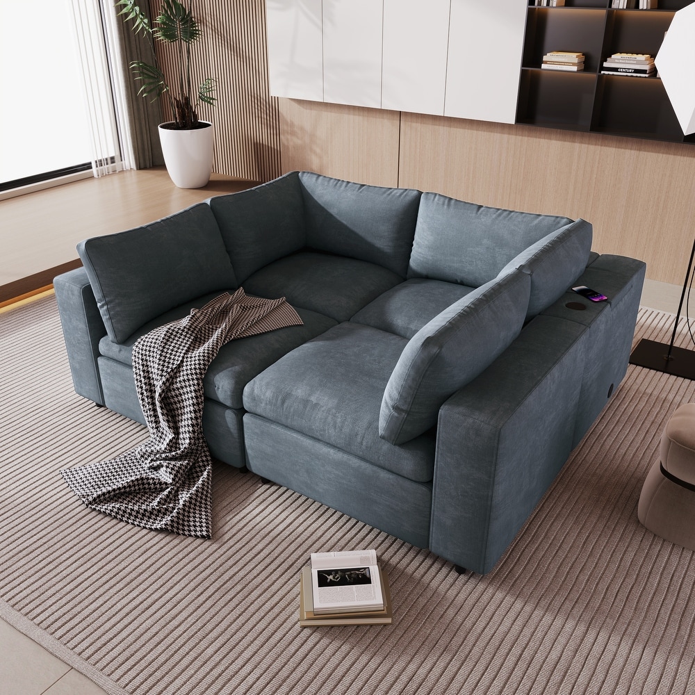 Built in Bluetooth Upholstered Sofa Movable Sectional Sofa Set with USB Charge Ports and Removable Cushions for Living Room