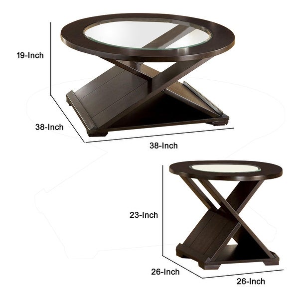 3 Piece Round Glass Coffee Table and End Table with X Shaped Base， Brown