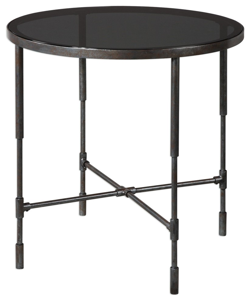 Industrial Minimalist Rustic Metal Accent Table Round Pipe Fitting Retro Glass   Contemporary   Side Tables And End Tables   by My Swanky Home  Houzz