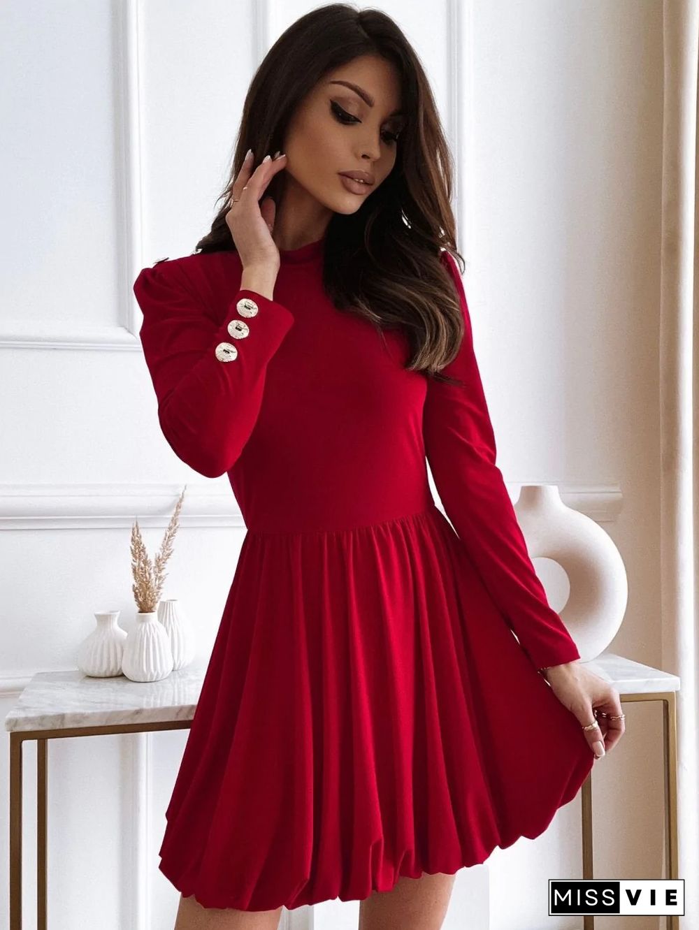 Women's Long Sleeve Solid Color Button Dress