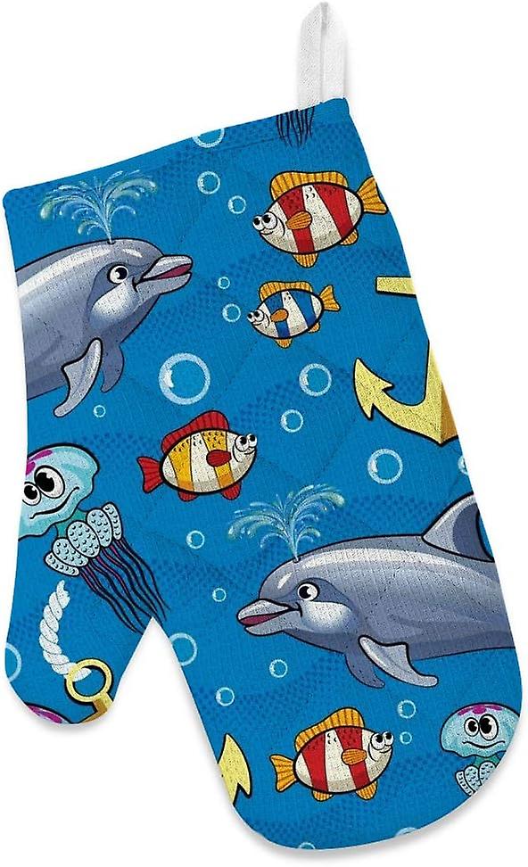 Kitchen Oven Mitts Glove Potholder Apron 3pcs Set Undersea Creatures Dolphins Non Slip Heat Resistant Mitts For Baking Cooking Bbq