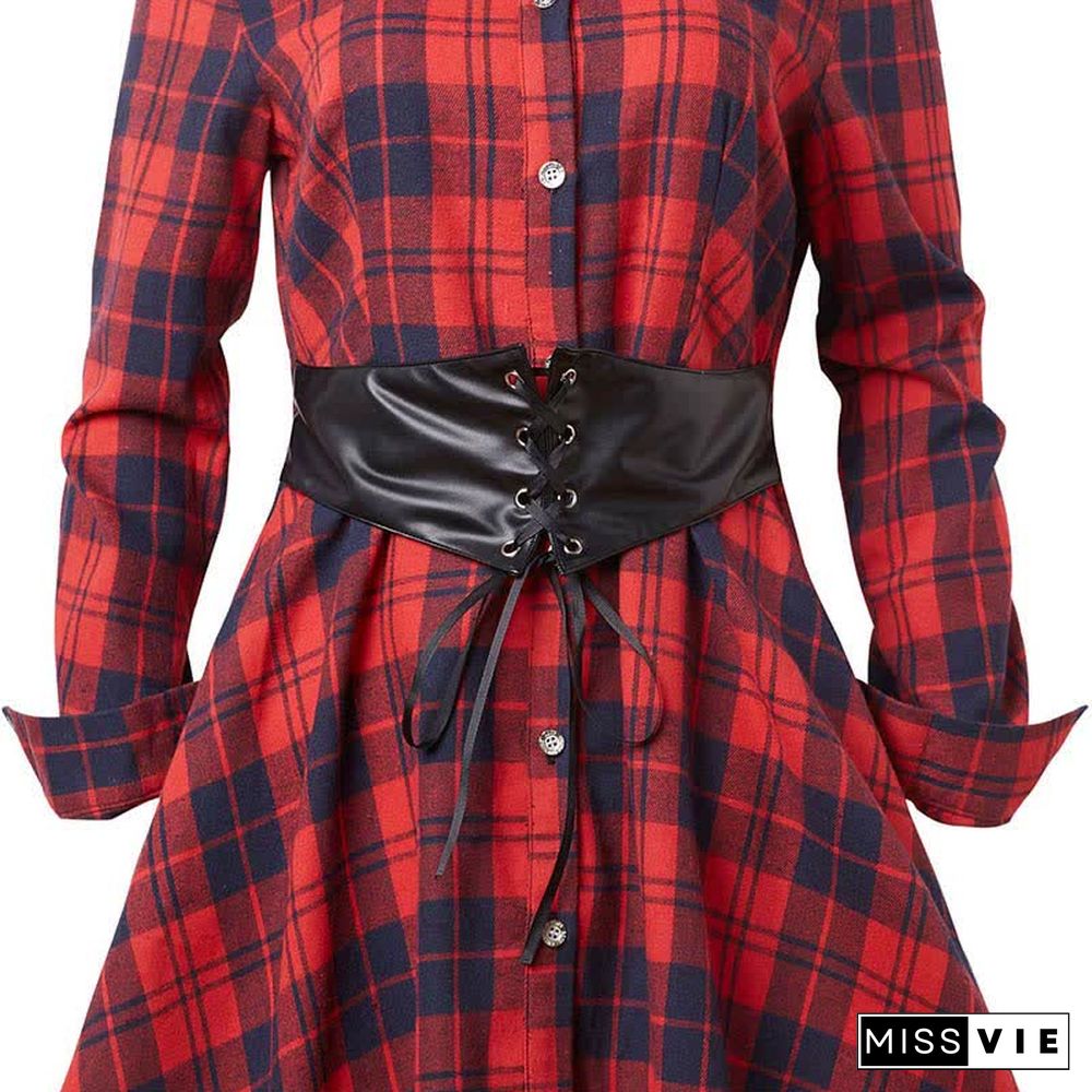 Irregular Plaid Print Lace Up Long Sleeve Shirt Dress