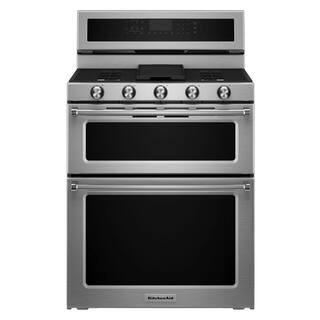 KitchenAid 6.7 cu. ft. Double Oven Dual Fuel Gas Range with Self-Cleaning Convection Oven in Stainless Steel KFDD500ESS