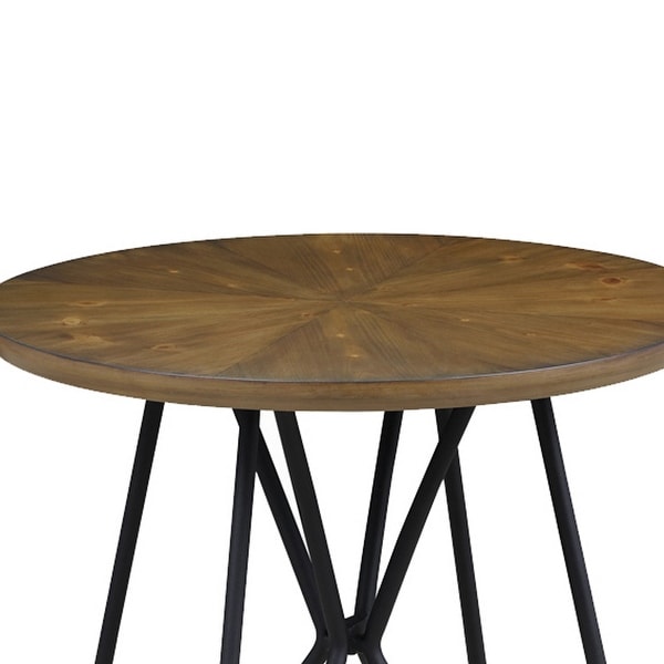 Dual Tone Round Wooden End Table with Metal Hairpin Legs， Brown and Black