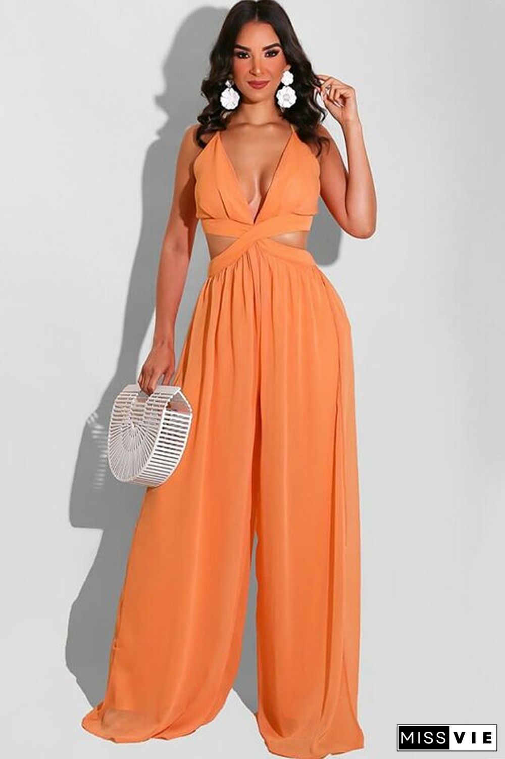 Solid Color Casual Chiffon Women's Jumpsuit Cut Out Backless Romper