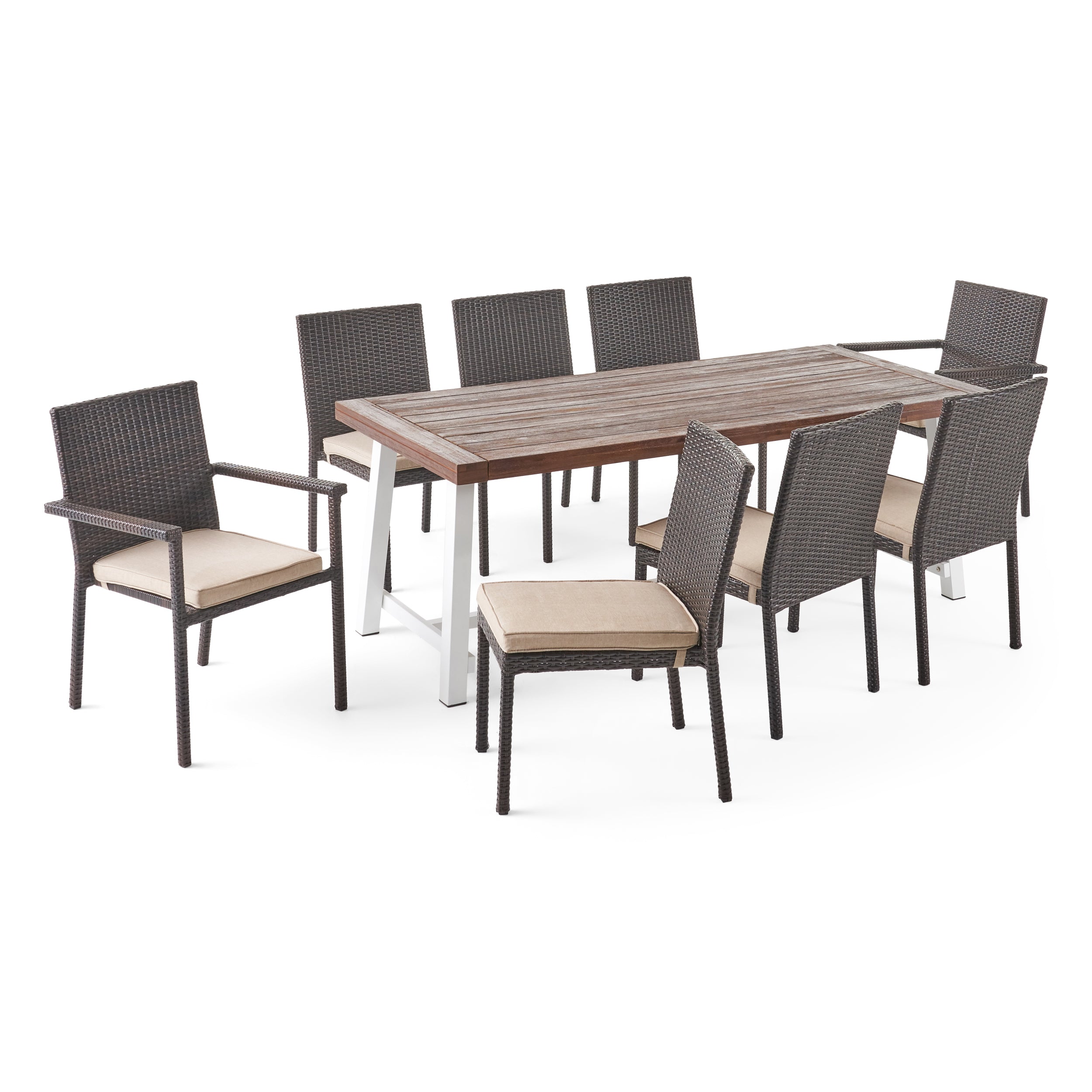 Kylen Outdoor Wood and Wicker 8 Seater Dining Set