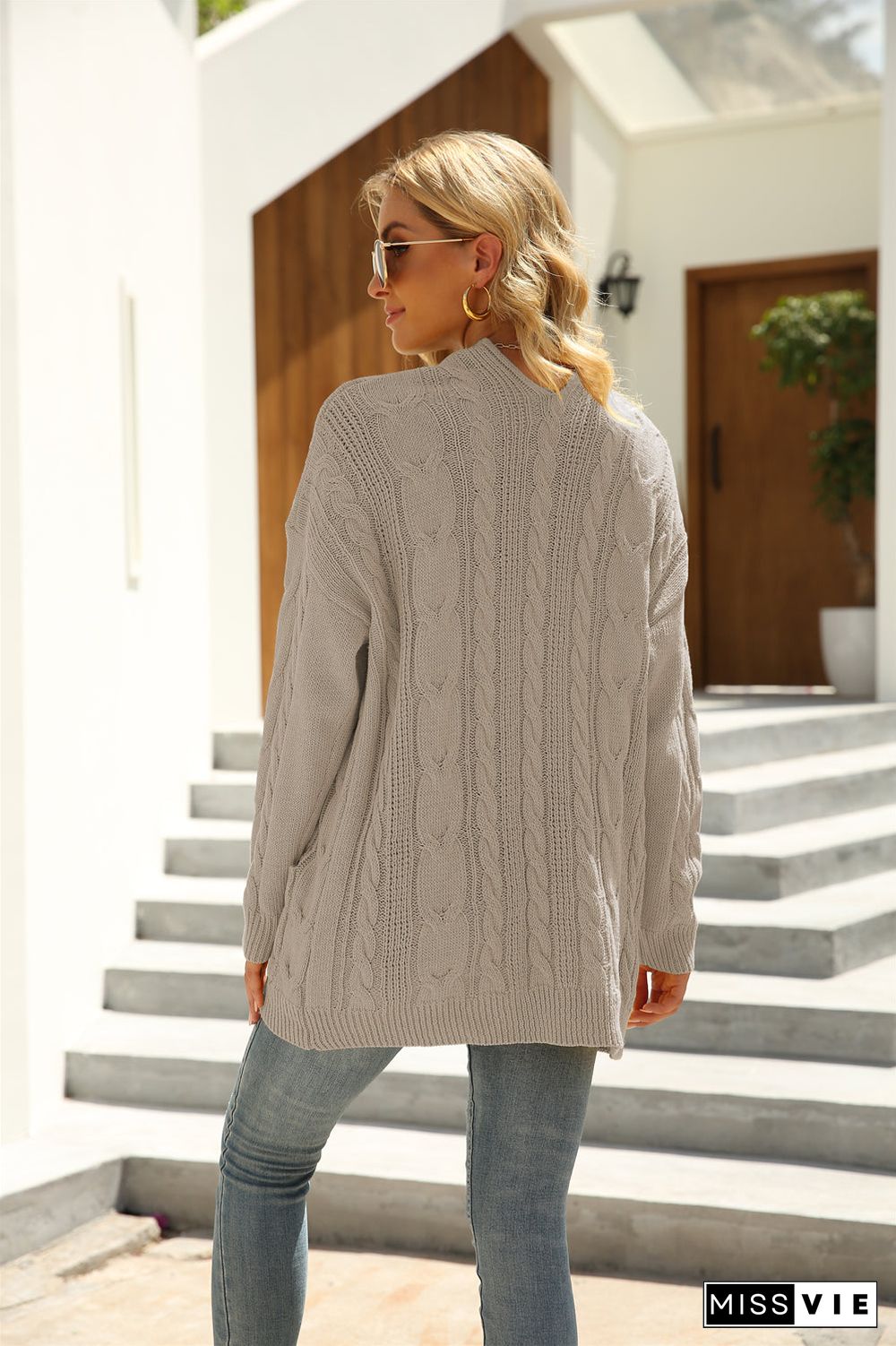 Long Sleeve Open Front Button Down Cable Knit Sweater Cardigan