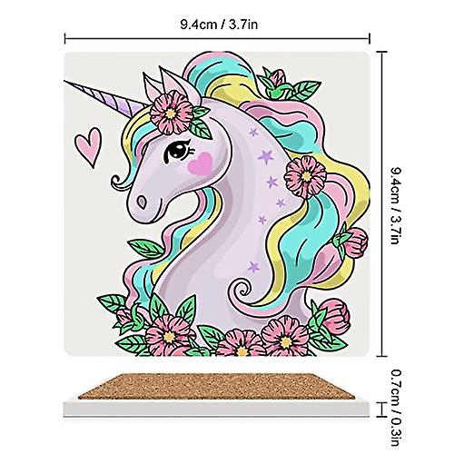 Colourlife Square Drink Coasters 4 Pcs Cute Unicorn With Flowers Absorbent Ceramic Coffee Coasters For Drinks With Cork Base Housewarming Gift For Hom