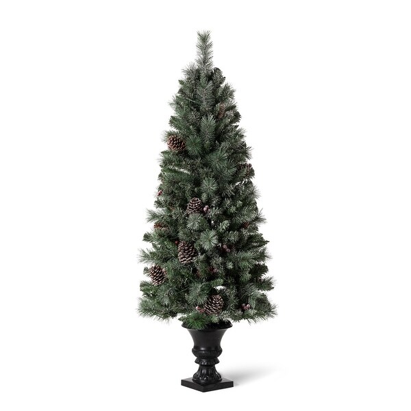 Glitzhome 4ft/5ft/6ft Flocked Pine Christmas Potted Porch Tree With Warm White Lights