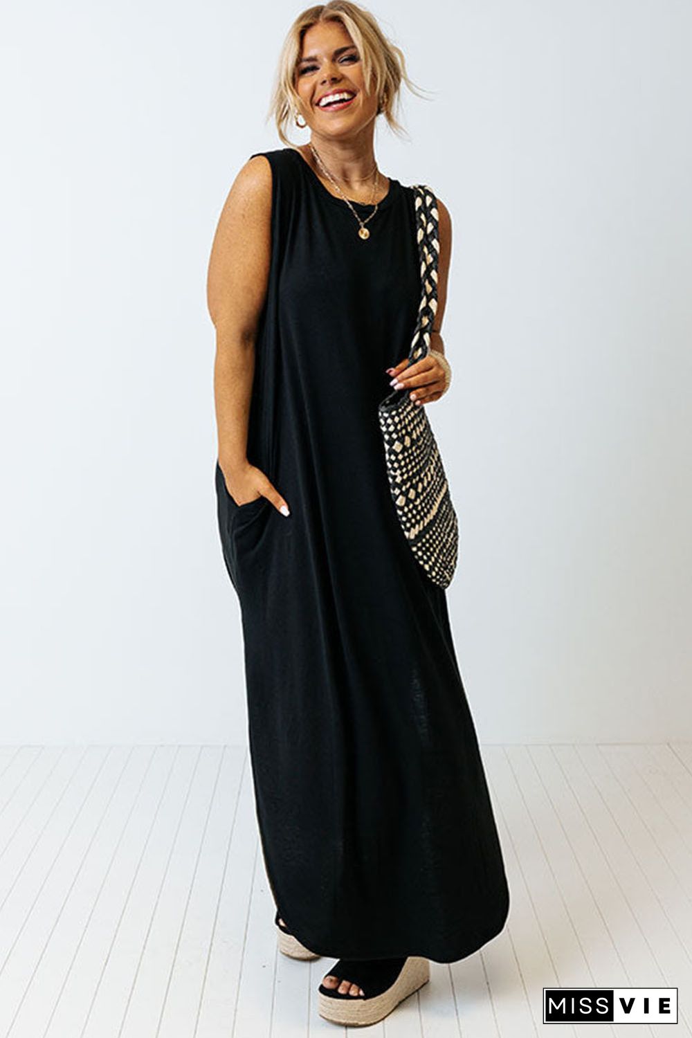 Black Plus Size Wide Sleeveless Shoulder Straps Maxi Dress