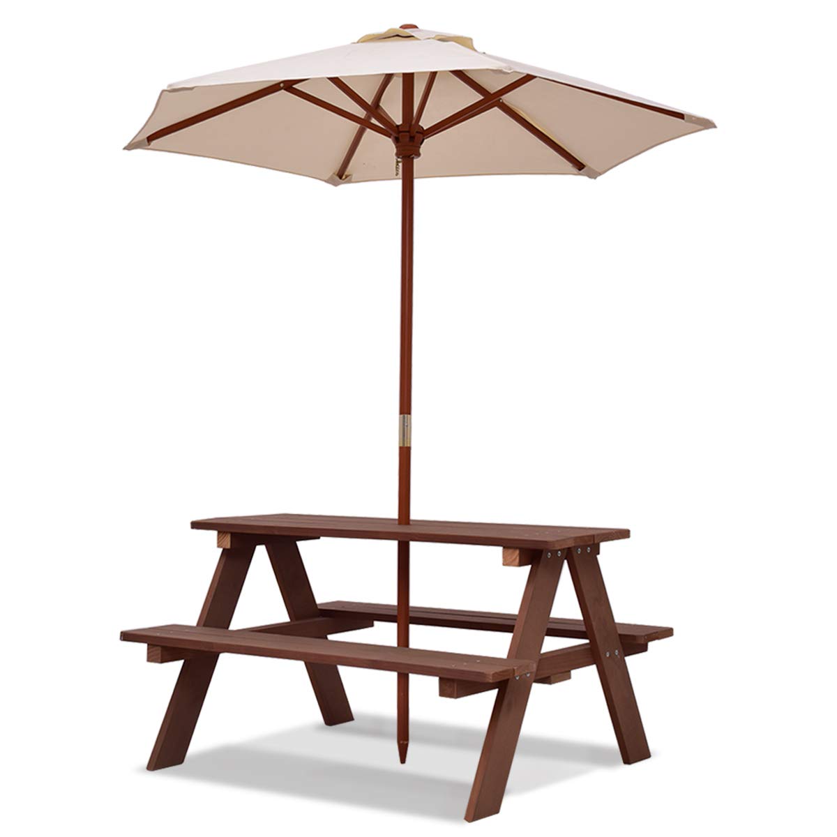 Costzon Kids Picnic Table Set, Wood Table and Bench Set with Removable & Foldable Umbrella