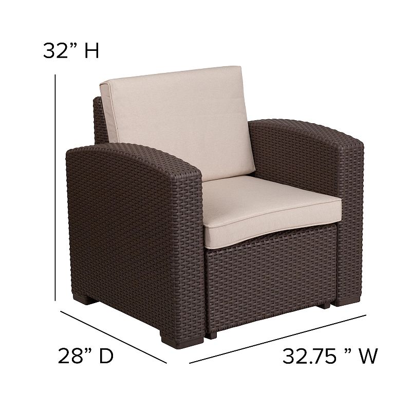 Merrick Lane Errol 4 Piece Faux Rattan Patio Furniture Set with 2 Chairs and Sofa with Removable Beige Cushions and Table