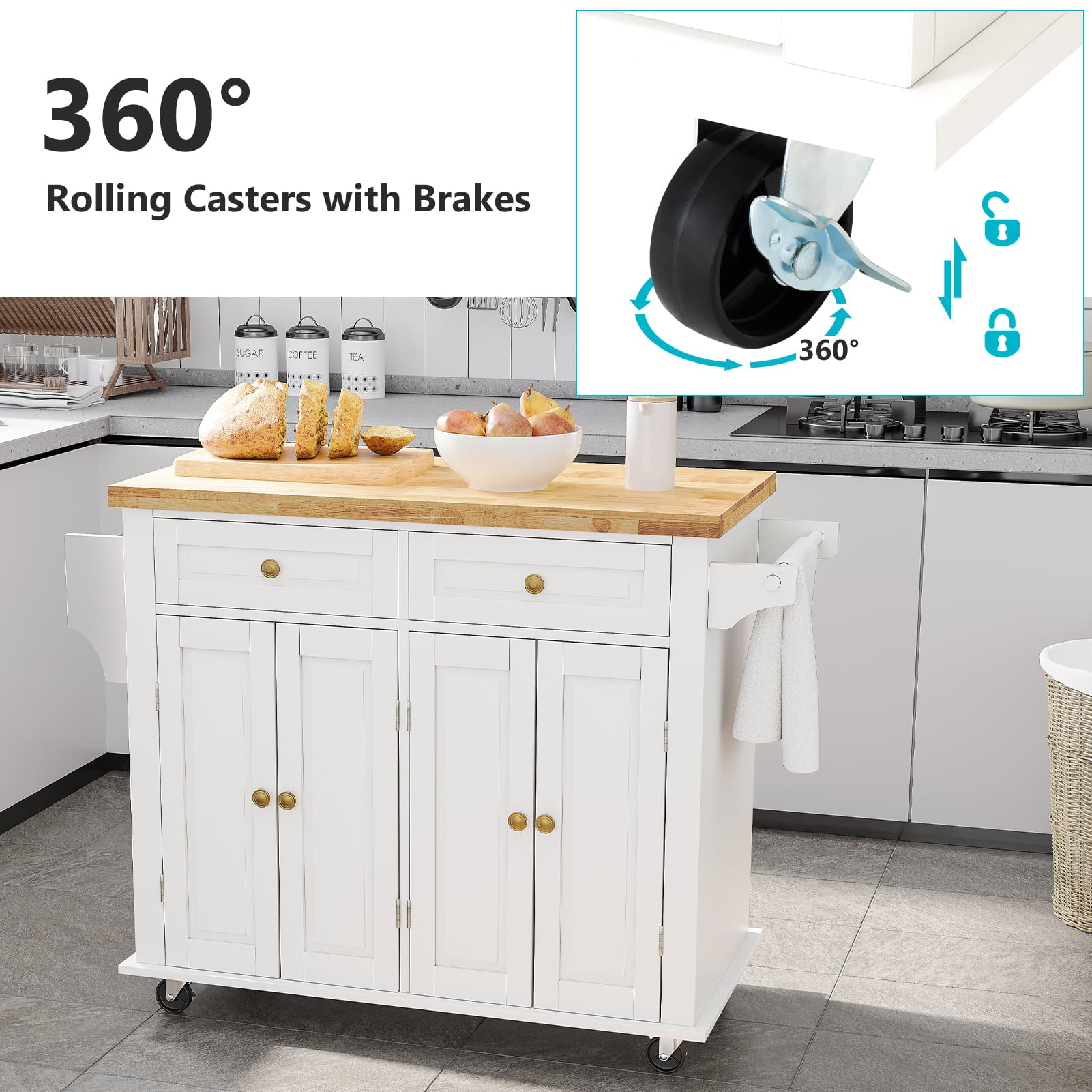 CAIDI Rolling Kitchen Island， Kitchen Cart with Rubber wood Countertop， Lockable Casters， Adjustable Shelves， Matte(White-43.3