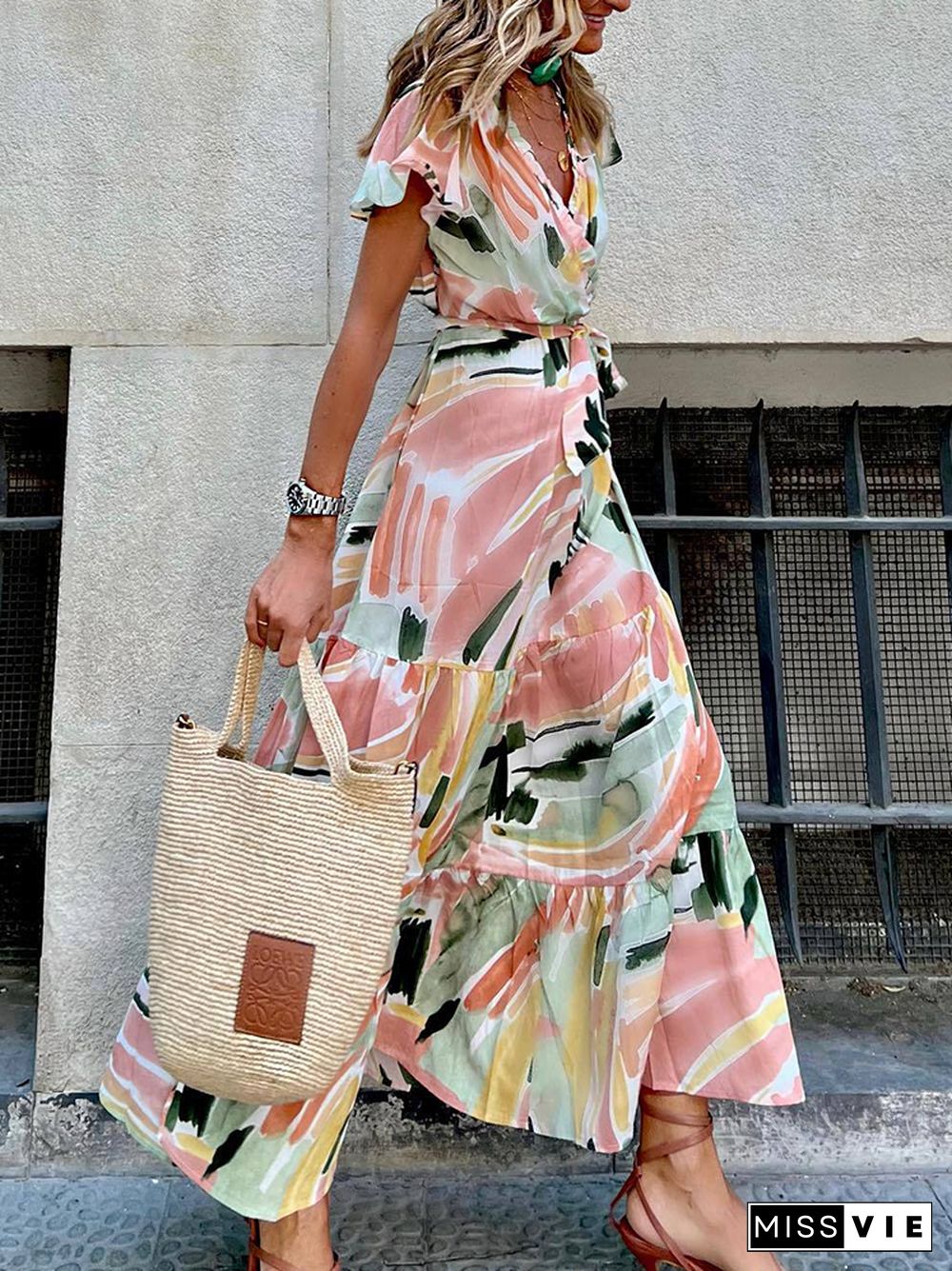 Elegant Deep V Neck Ruffle Party Dress Summer Casual Short Sleeve Tie-up Long Dress Women Fashion Print Boho Beach Dress Vestido