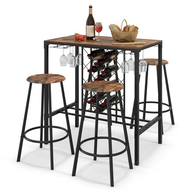 Tangkula 5 piece Bar Height Dining Set 4 person Bar Table And Stools Set With Wine Racks amp Glass Holders Home Kitchen Breakfast Table Set