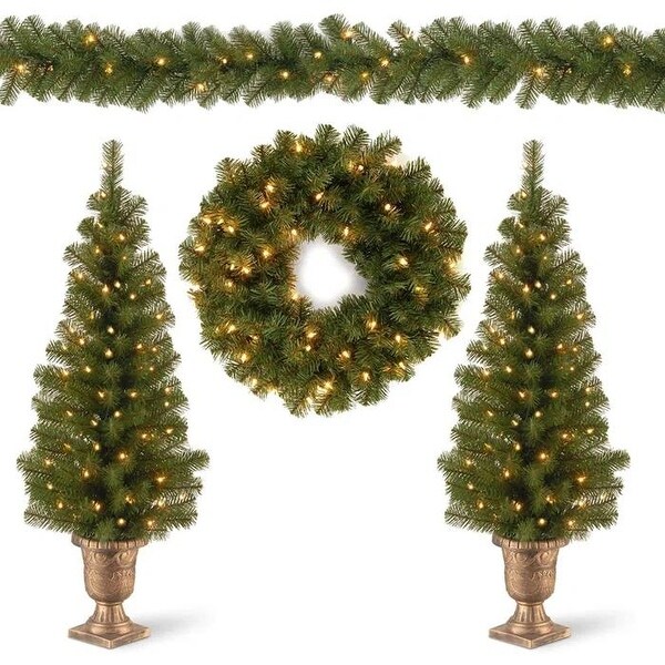 PreLit Holiday Christmas 4Piece Set with LED Lights，Christmas Garlands，Wreath and Set of 2 Entrance Trees