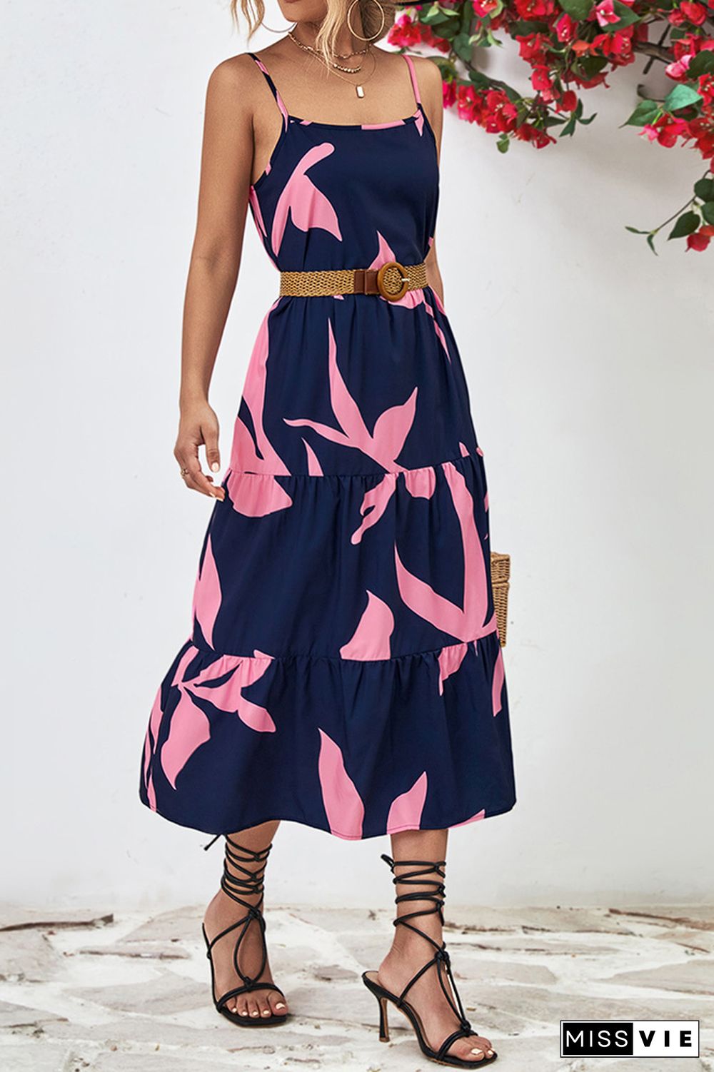 Printed Spaghetti Strap Tiered Maxi Dress