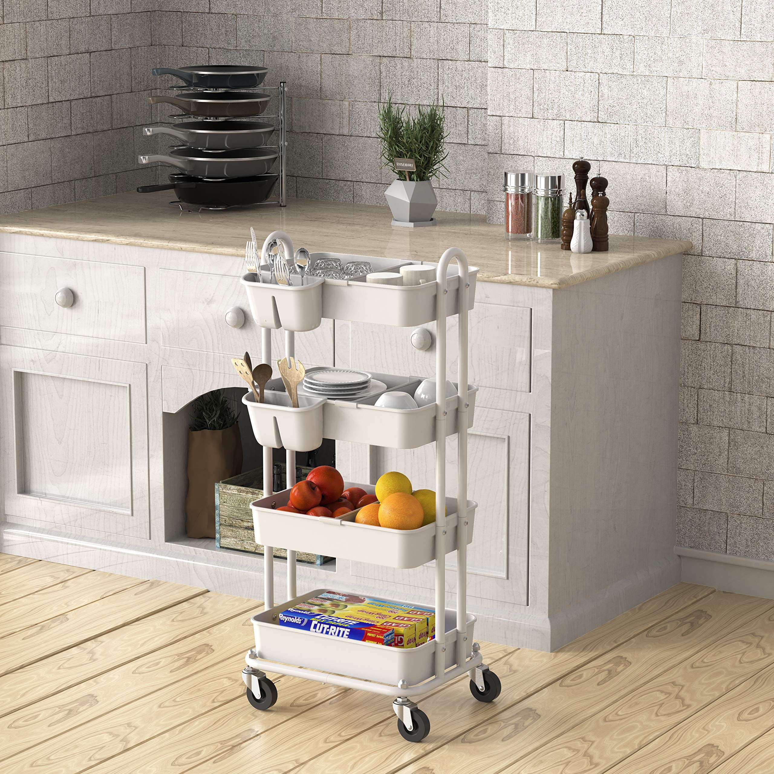 SimpleHouseware Heavy Duty 4-Tier Utility Rolling Cart， White