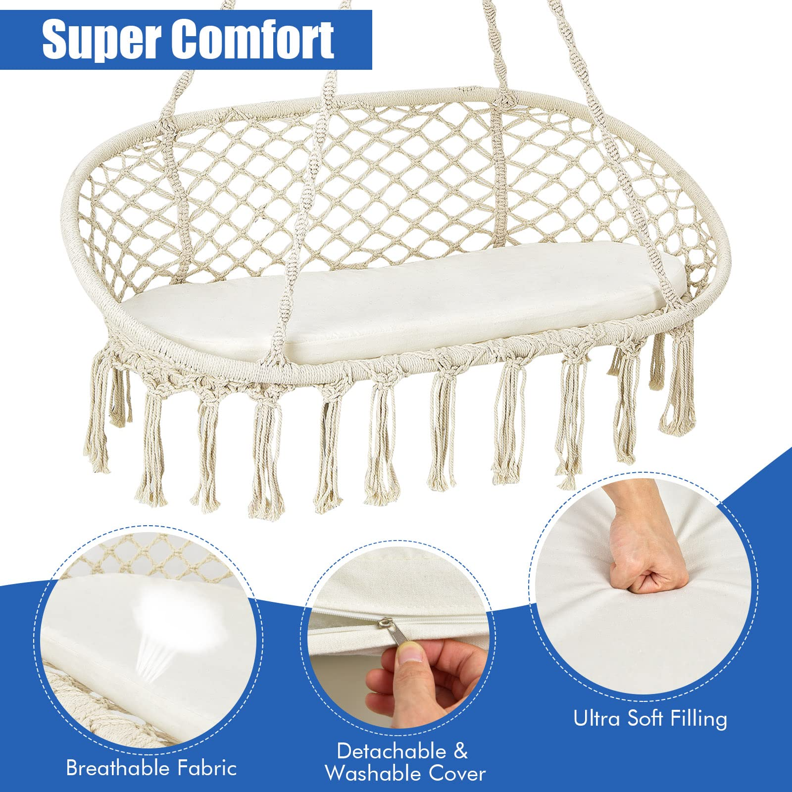 Hammock Chair 2 Seat, Macrame Hanging Chair with Cushion