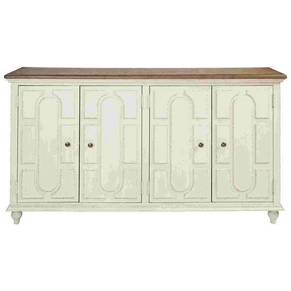 Wooden Accent Cabinet with 4 Door Storage， Antique White and Brown