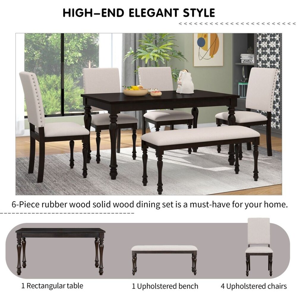 6 Piece Wood Dining Table Set with Turned Legs 4 Upholstered Chairs and Bench