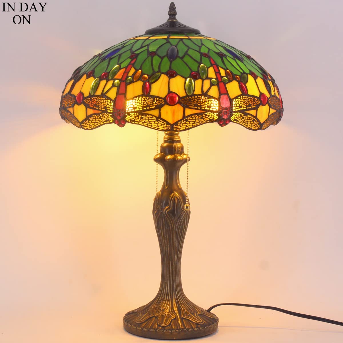 Tiffany Lamp Stained Glass Bedside Table Lamp Green Yellow Dragonfly 16X16X24 Inches Desk Reading Light Metal Base Decor Bedroom Living Room Home Office S009G Series