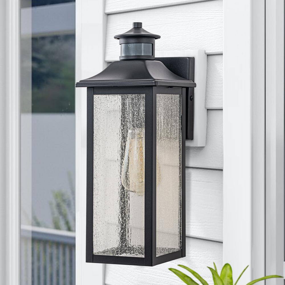 C Cattleya Black Motion Sensing Dusk to Dawn Outdoor Hardwired Wall Lantern Sconce with Seeded Glass Shade and No Bulbs Included HCA2344-W