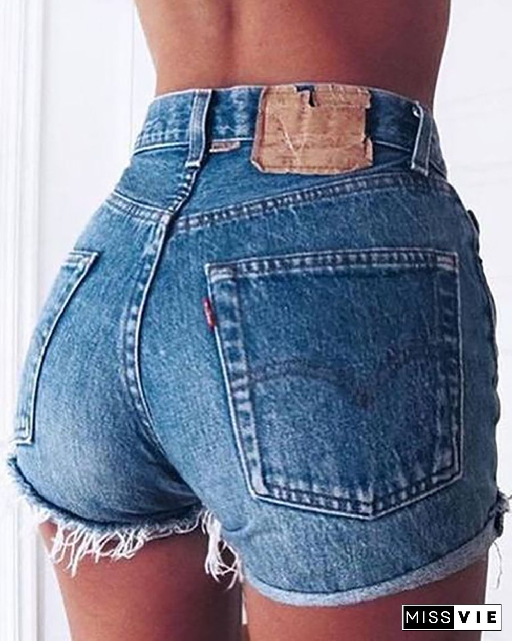 Pure Color High Waist Frayed Trim Jeans