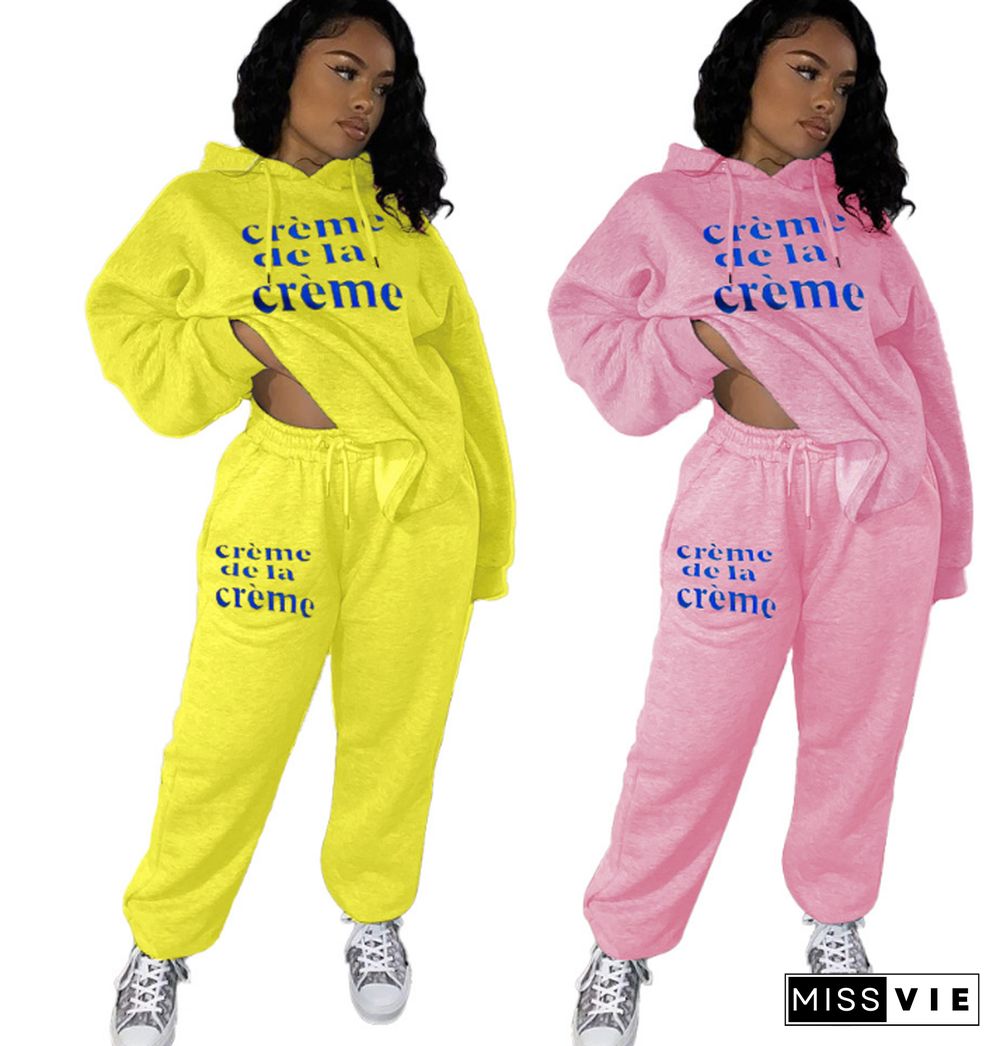 Solid Color Letter Printing Loose Pullover Sweatshirt Sweatpants Suit