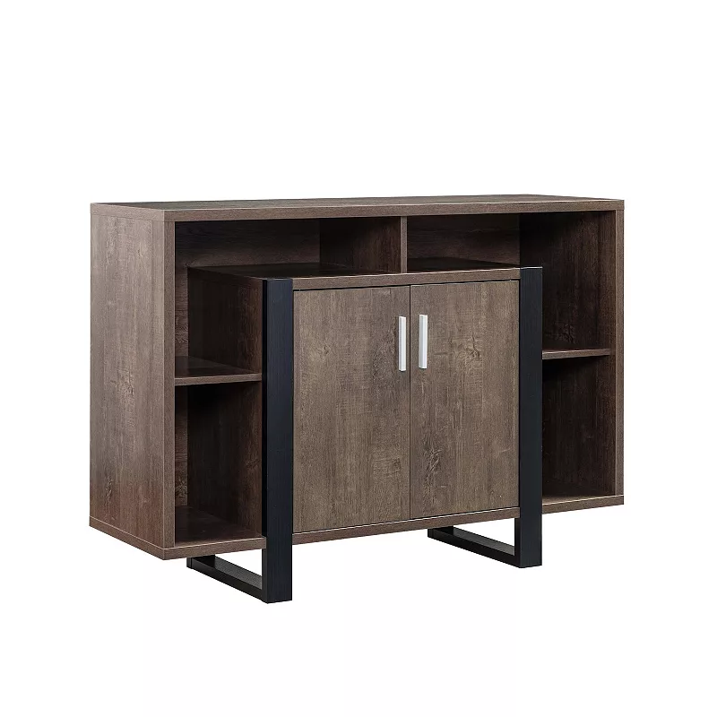 FC Design Walnut Oak and Black Buffet with 2 Door Cabinet and 6 Shelves