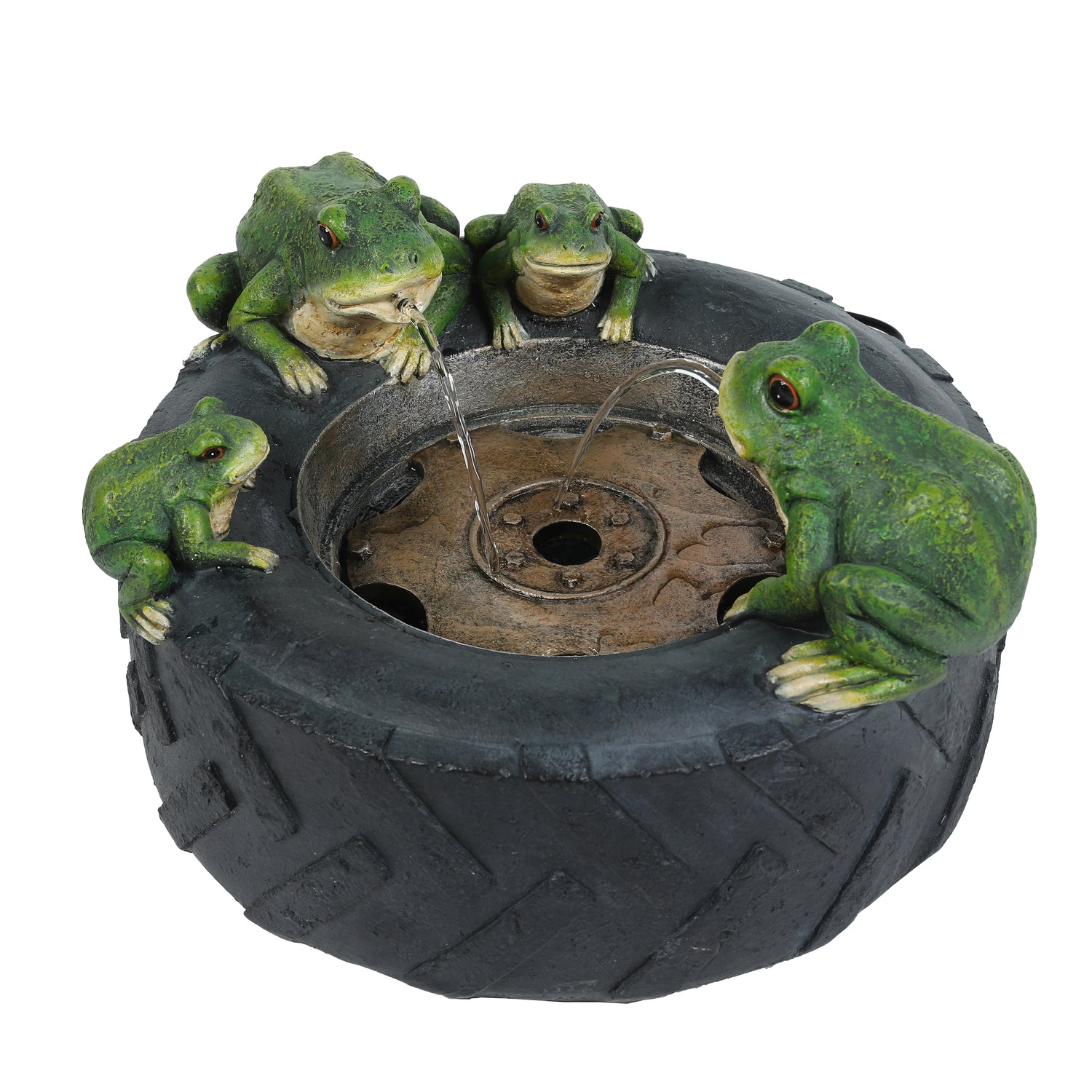 Luxen Home WHF1548 Resin Old Tire Frog Friends Outdoor Fountainand#44; Black