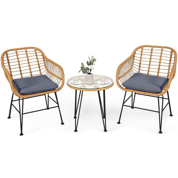 Costway 3PCS Patio Rattan Bistro Furniture Set Cushioned Chair Table