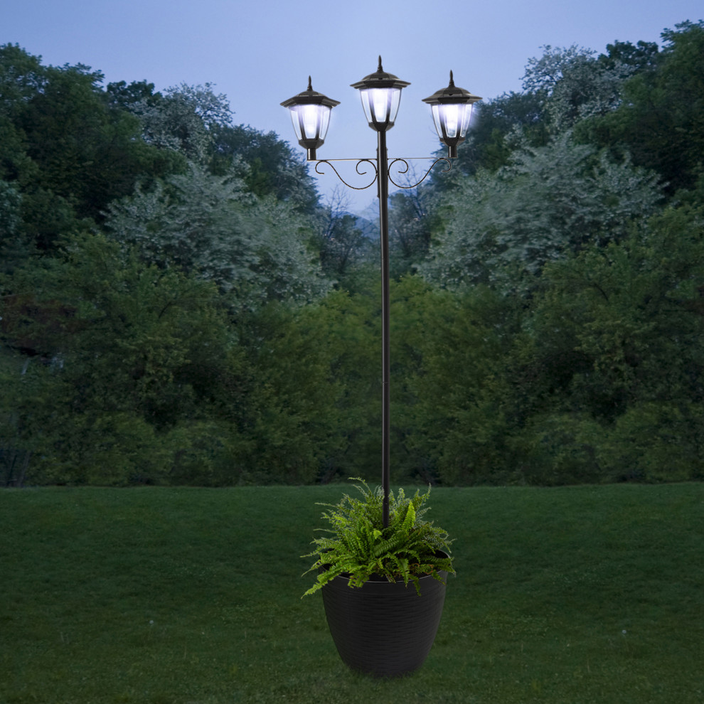 74 quotH Solar Three Head Street Light With a Planter Pot   Mediterranean   Post Lights   by Glitzhome  Houzz