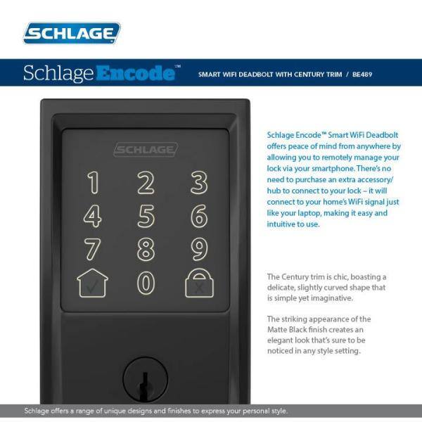 Schlage Century Matte Black Electronic Encode Smart WiFi Deadbolt with Alarm BE489WB CEN 622