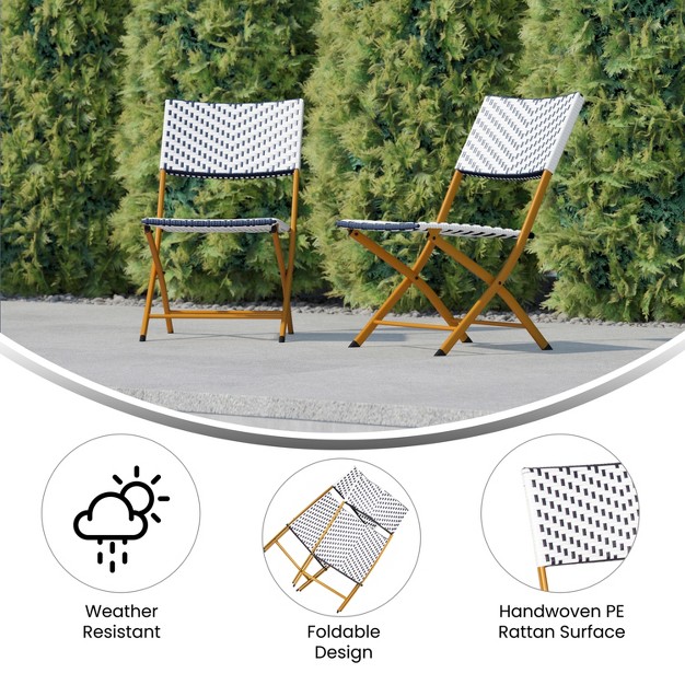 Flash Furniture Rouen Set Of Two Folding French Bistro Chairs In Pe Rattan With Metal Frames For Indoor And Outdoor Use