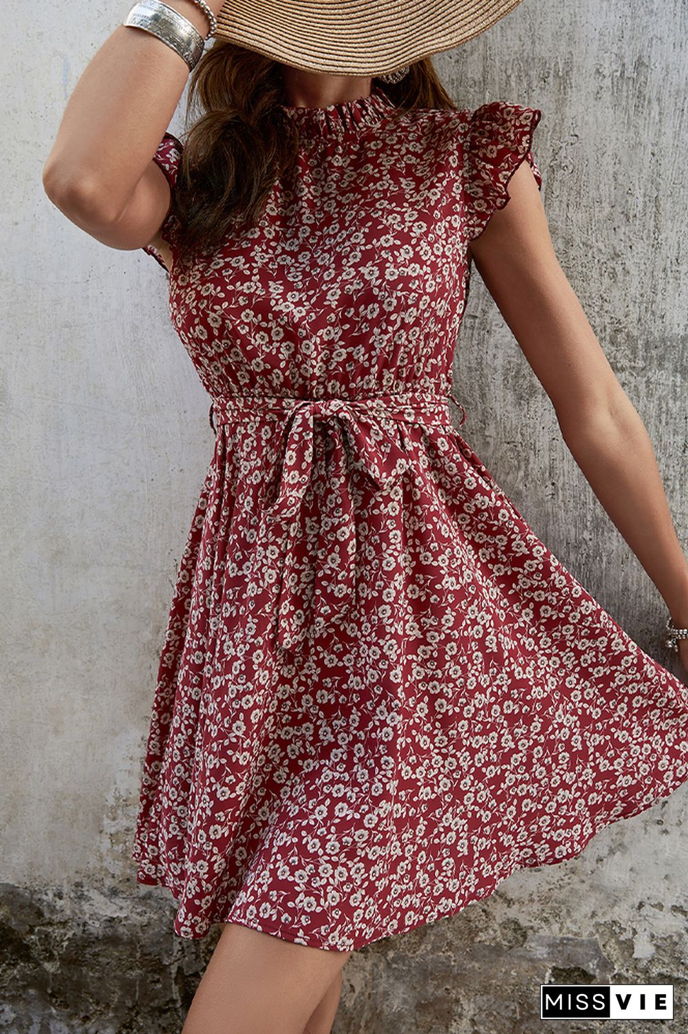 High Collar Sleeveless Waistbelt Floral Dress