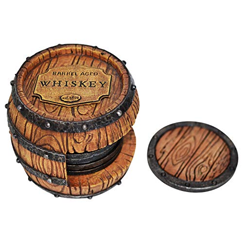 5pc Whiskey Bourbon Barrel Drink Coasters， Unique Bar Decor and Accessories， Beer and Whiskey Glass Coaster - Home Decorations for Dining Room or Home Bar - Modern Coaster Set with Holder for Man Cave