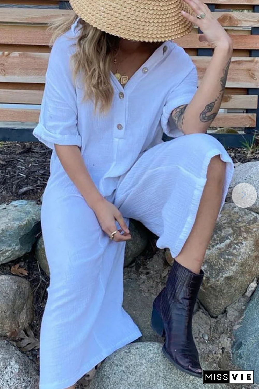 Solid Button Pockets Loose Jumpsuits