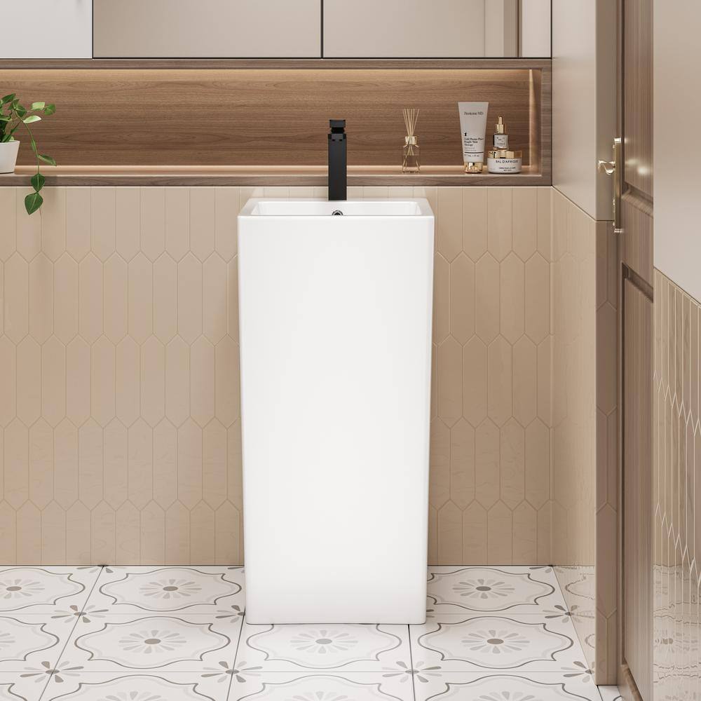 Eridanus Turner Vitreous China 33 in. Tall Square Free Standing Pedestal Sink with Faucet Hole and Overflow in Crisp White ERI-PB-402