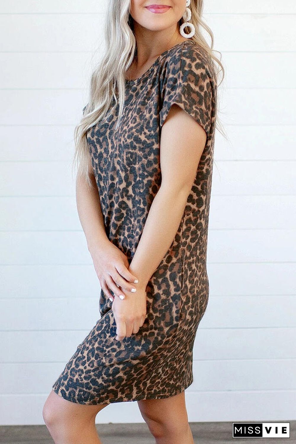 Leopard Short Sleeve Backless Pocketed Mini Dress