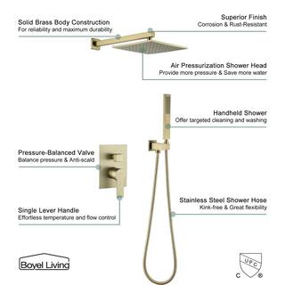 Boyel Living 1-Spray Patterns with 2.66 GPM 10 in. Wall Mount Dual Shower Heads with Rough-In Valve Body and Trim in Brushed Gold SMD-88001BG