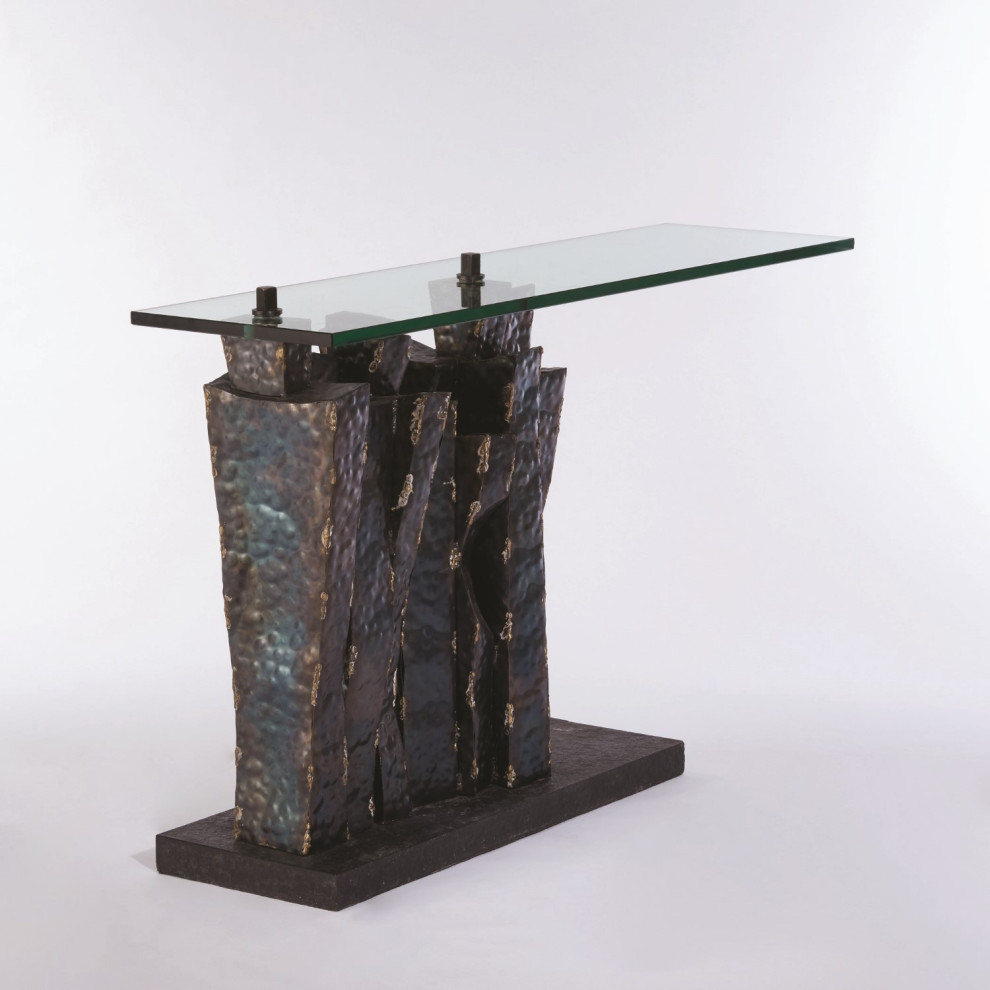 Rustic Industrial Iron Sculpture Console Table  Strips Brutalist Torched Metal   Industrial   Console Tables   by My Swanky Home  Houzz