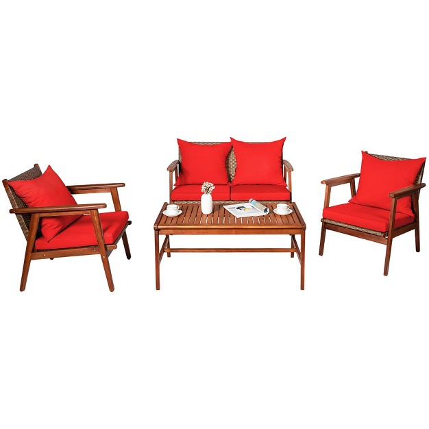 Costway 4pcs Patio Rattan Furniture Set Acacia Wood Frame Cushioned Sofa Chair