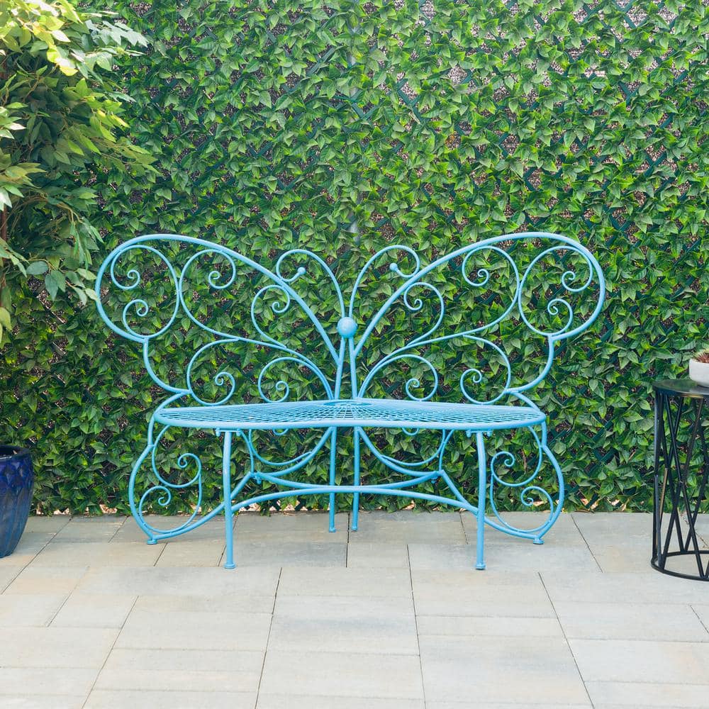 Alpine Corporation 62 in. L Indoor/Outdoor 2-Person Metal Butterfly Shaped Garden Bench, Blue BAZ400BL