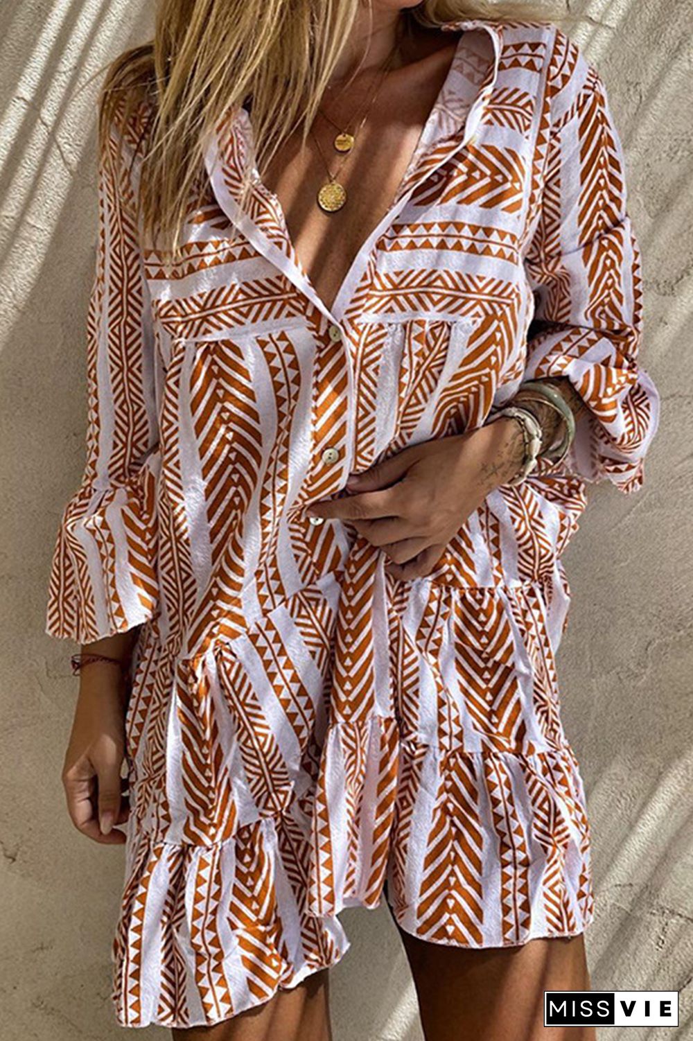 Casual Print Buckle Flounce V Neck A Line Dresses