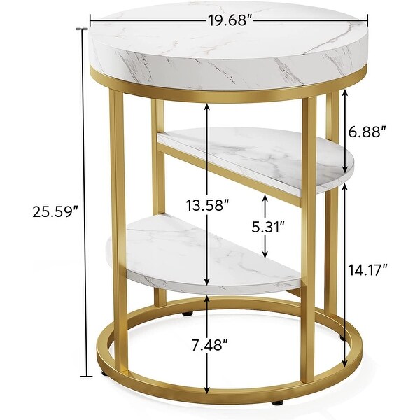 Gold End Table， Modern 3-Tier Side Table with Storage Shelf