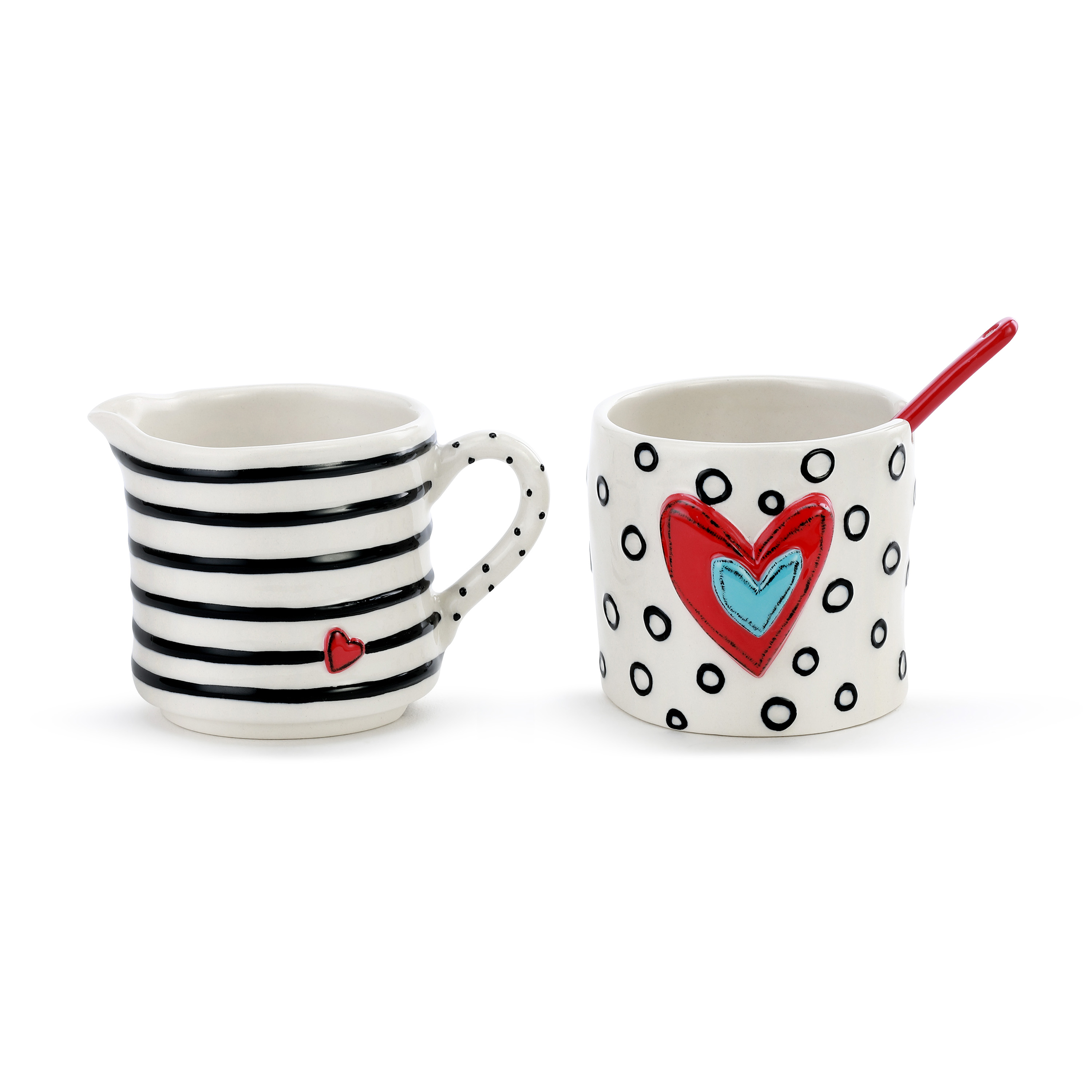 Heart Black and White 16 ounce Ceramic Stoneware Cream and Sugar Stacker